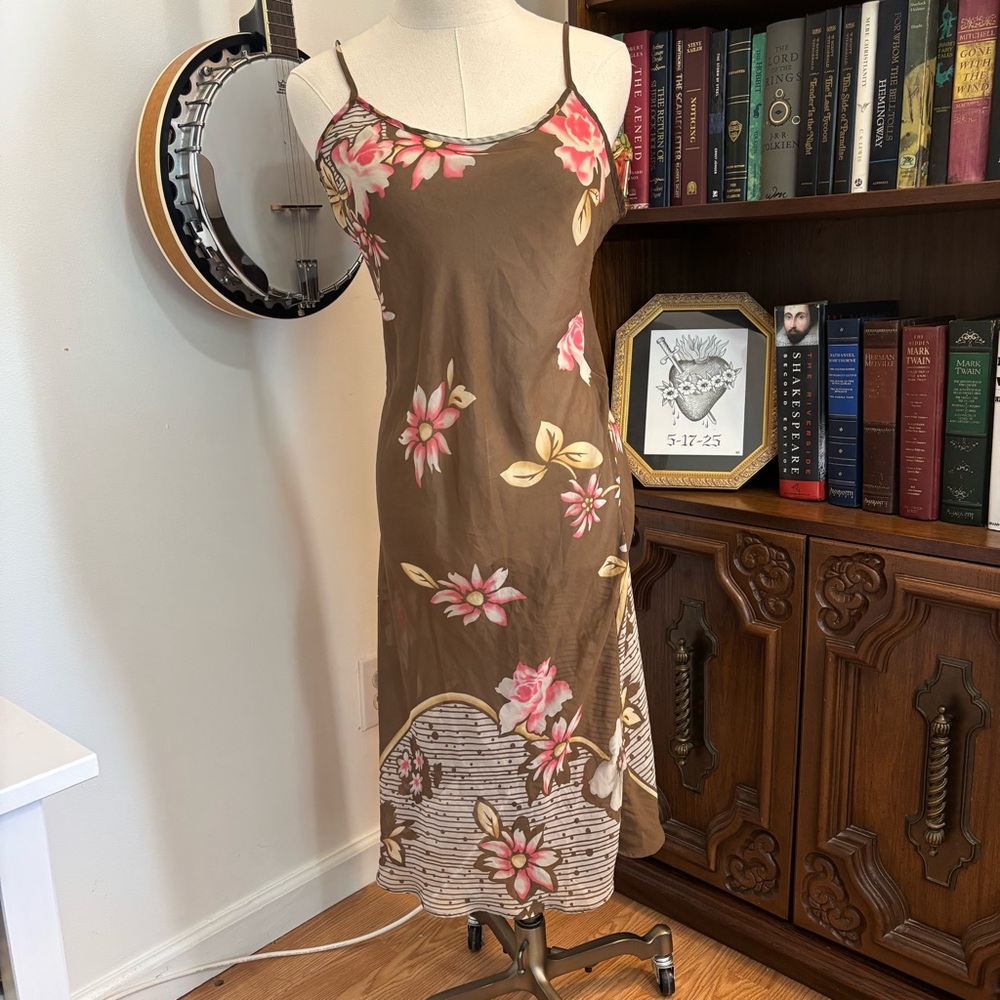 Y2K VICTORIA SECRET Brown floral sheer chemise slip dress midi length SZ M - Picture 2 of 8